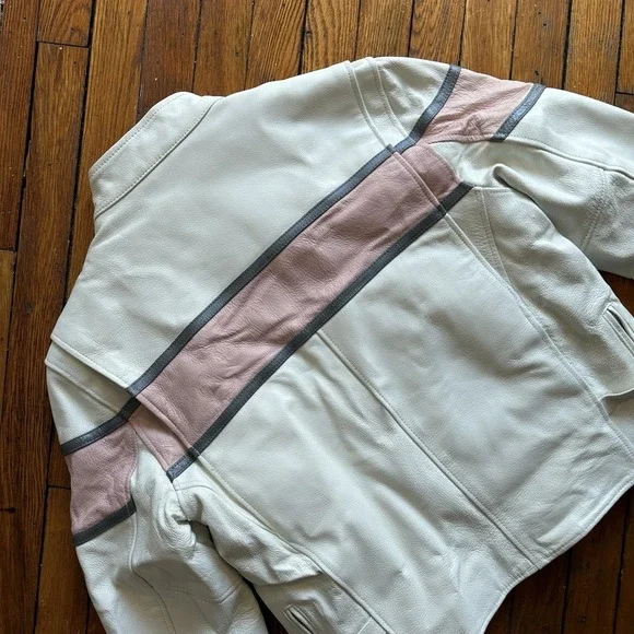 VTG 1990s Hot Leathers Motorcycle CAFE RACER Jacket XL White Pink RACING Stripe‎